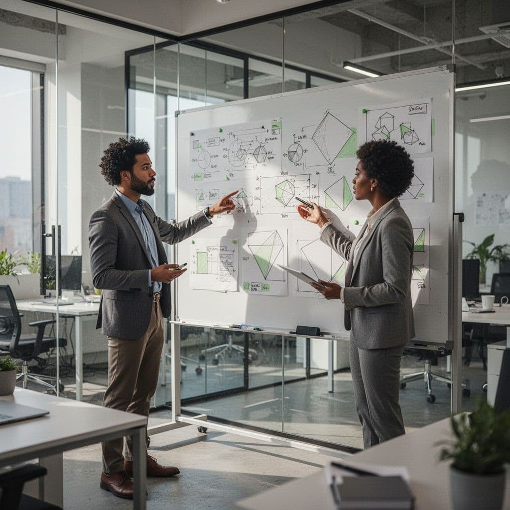 Three diverse professionals stand around a whiteboard mapping out complex security diagrams in an office.