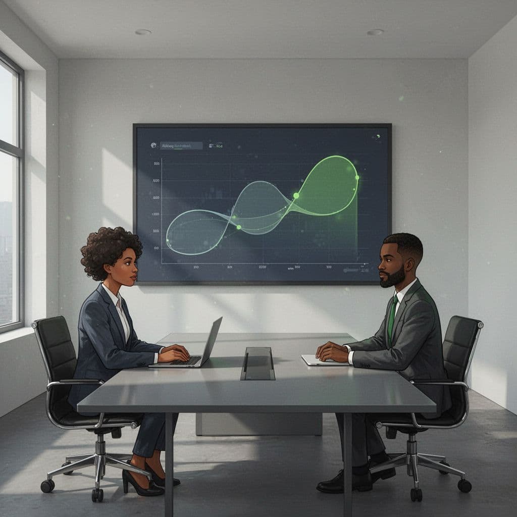 Three diverse professionals at a conference table view a wall display of simplified cybersecurity trends in green accents.