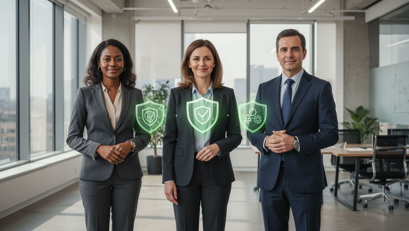 Three diverse professionals stand relaxed in modern office, connected by subtle green security shield icons.
