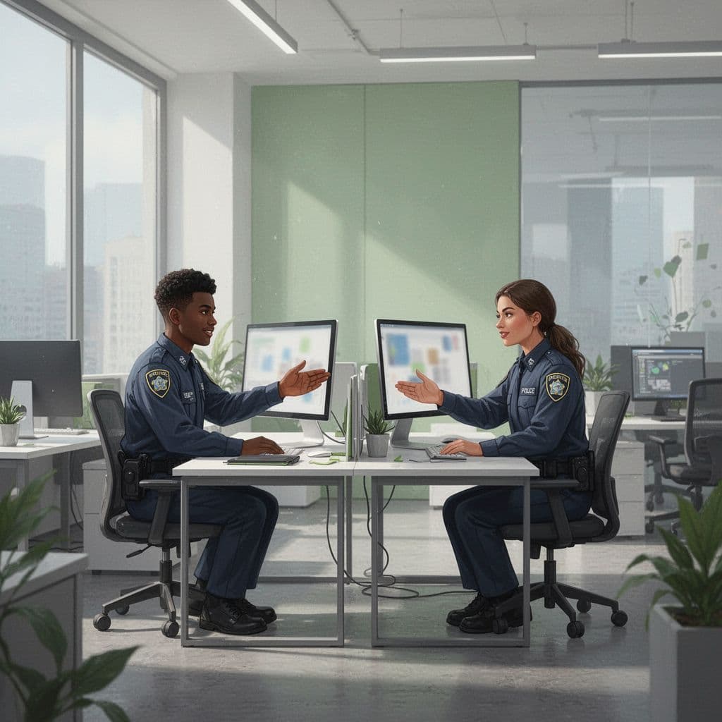 A diverse team of security professionals collaborates in a modern office with soft green accents.