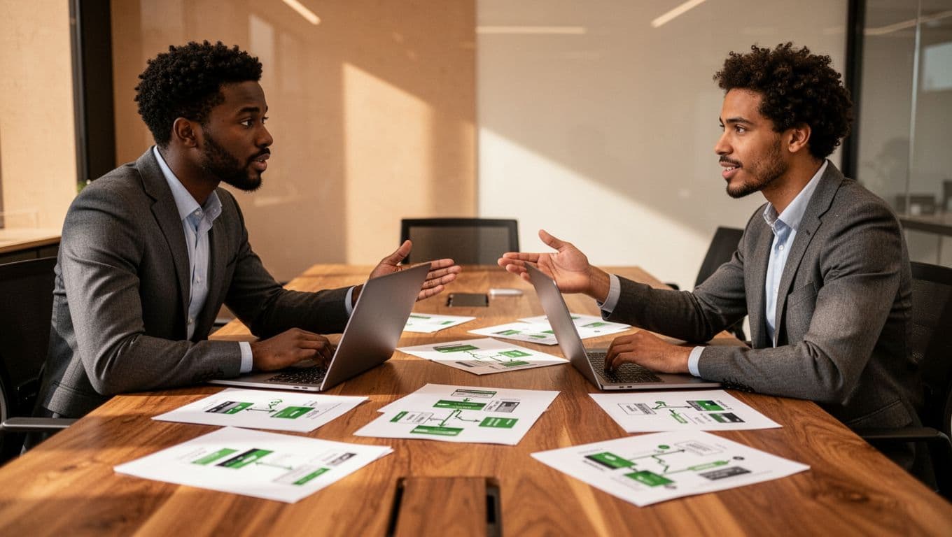 Four diverse security professionals relax around a table with laptops and notes on payment data flows.