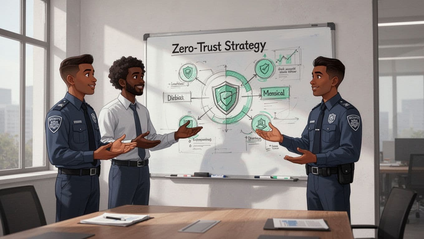 Three diverse security professionals collaborate around a whiteboard with zero trust sketches and green highlights.