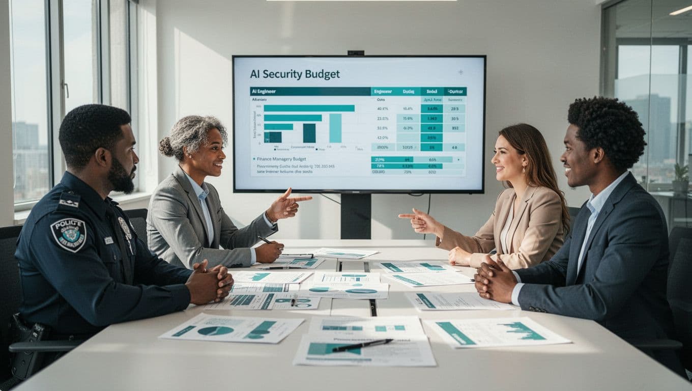 Five diverse professionals seated around a conference table in a bright office, viewing charts on a shared screen amid papers.