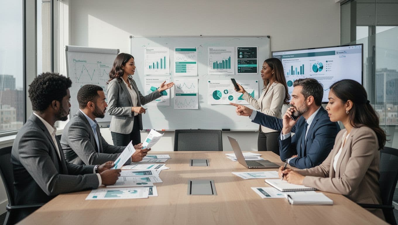 Five professionals—woman at whiteboard, man reviewing documents, woman on phone, man pointing at screen, woman taking notes—in modern conference room.