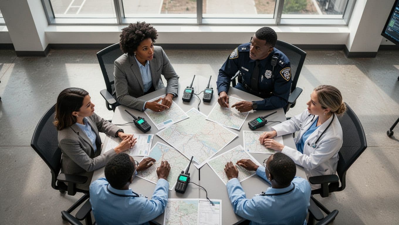 Overhead view shows four diverse professionals around a table with maps and radios in a command center.
