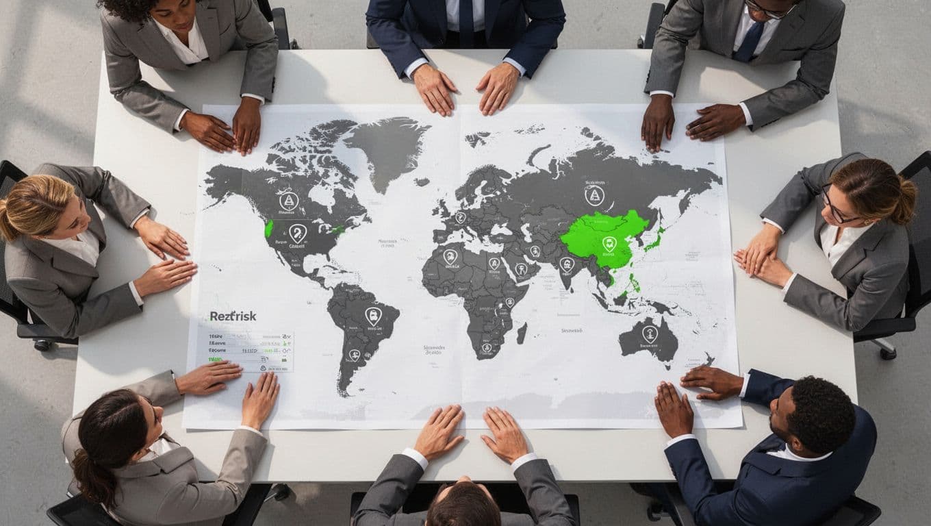 Five diverse professionals at a conference table examine a world map with risk icons and green secure accents.