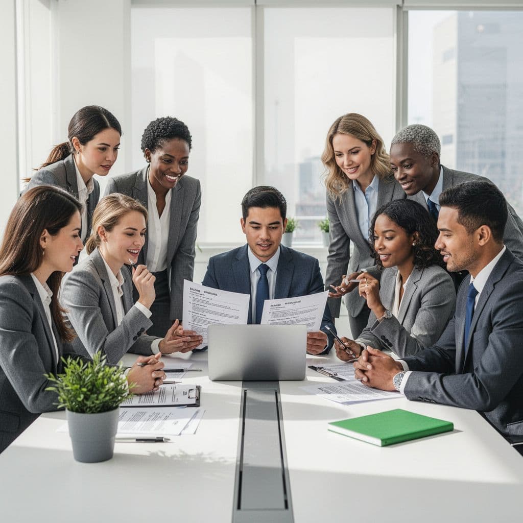 Diverse professionals collaborate on a security project using clean shapes and green accents on white background.