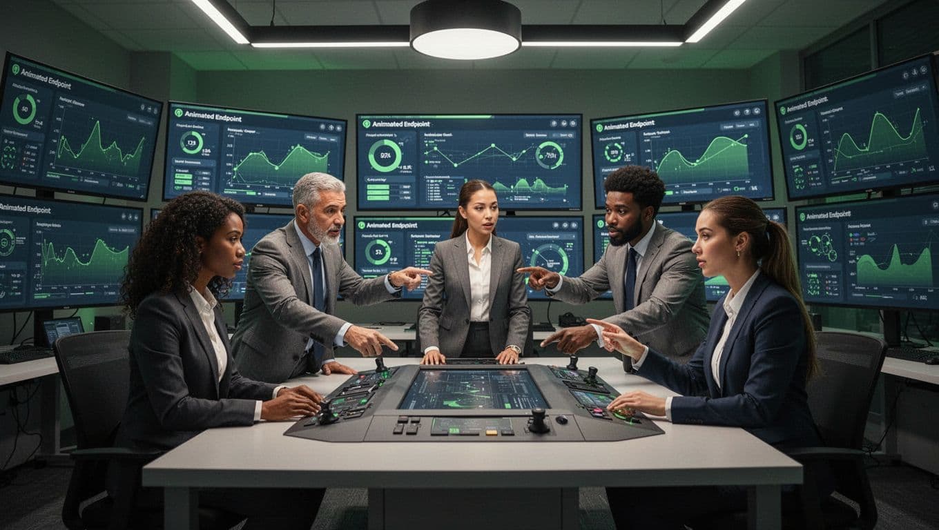 Five diverse professionals collaborate around screens showing endpoint dashboards in a security operations room.