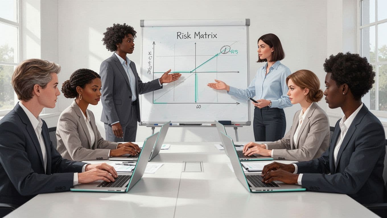 Five professionals in conference room; one points to risk matrix on whiteboard, others note on laptops.