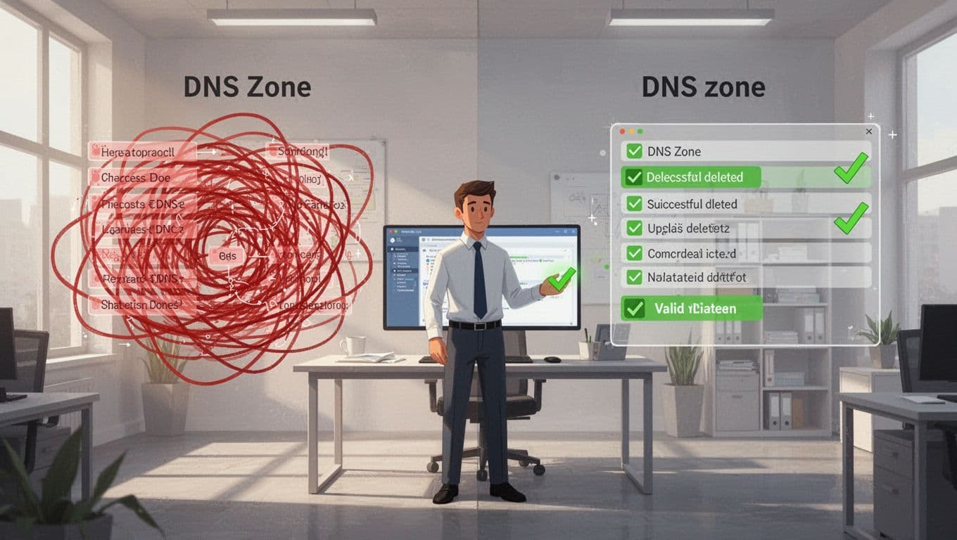 Split illustration shows cluttered left DNS zone with red dangling records, clean right zone with green checks, and centered security admin confirming on screen.