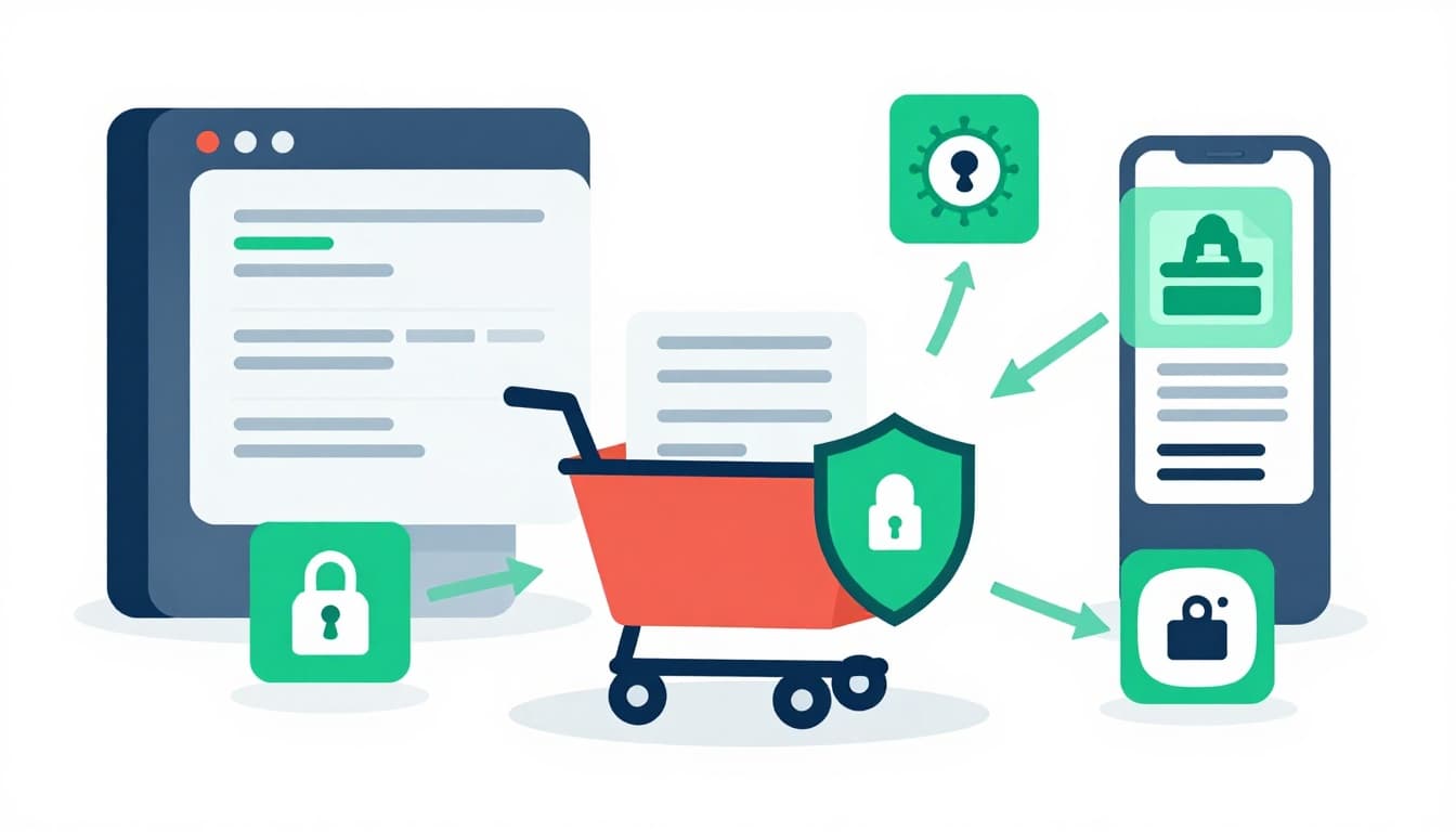 Storefront with central shopping cart attacked by credential stuffing, ransomware, fraud, API abuse, and supply chain icons, accented by green shield.