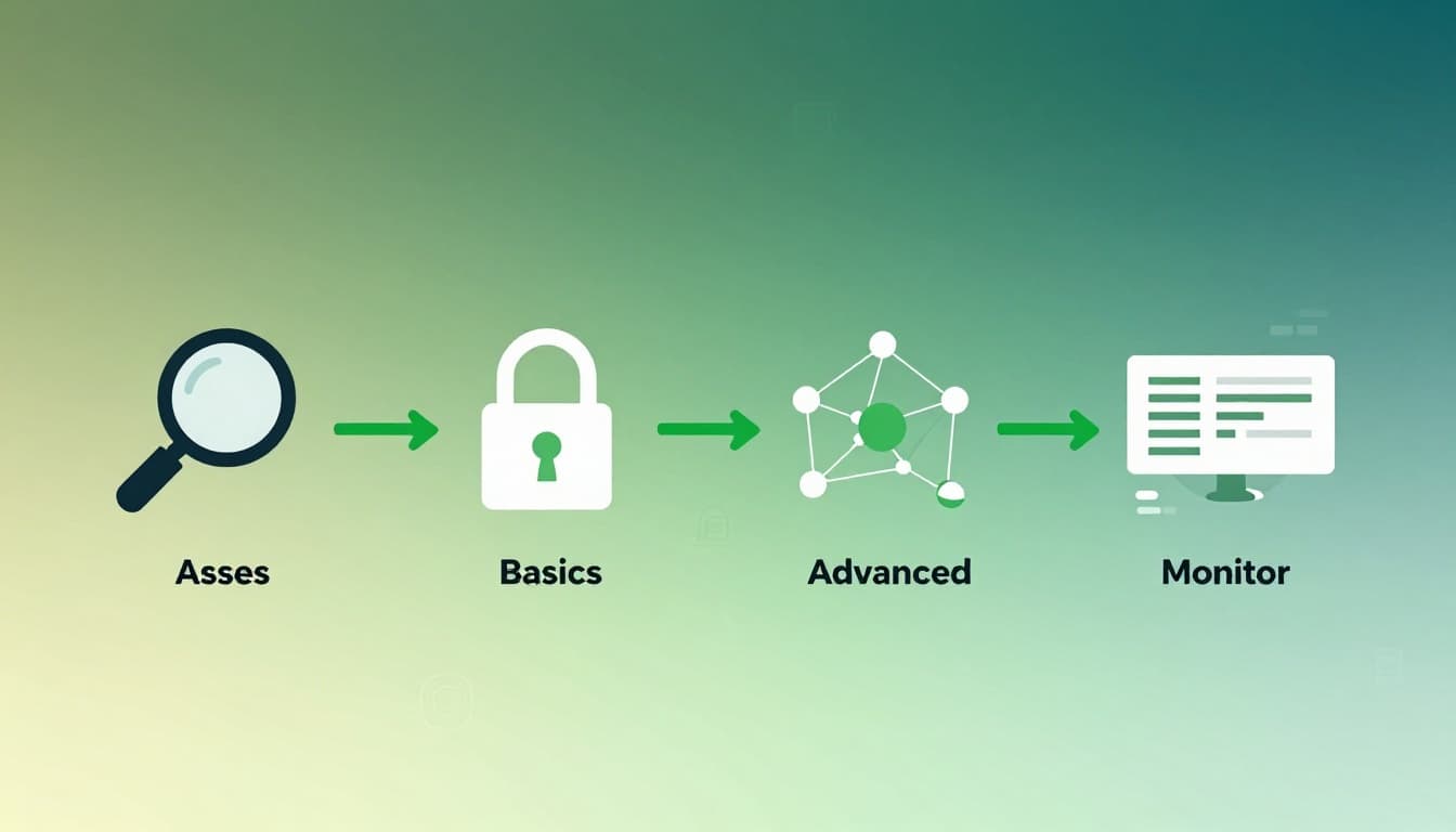 Horizontal green path connects icons for assess magnifying glass, basics lock and shield, advanced network graph, monitor dashboard eyes on gradient background.