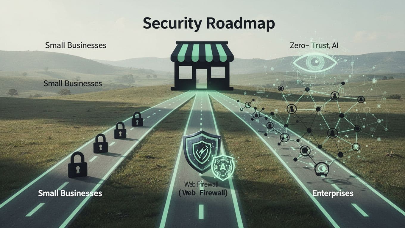 Three branching paths from central store icon show basic locks for small, WAF and MFA for mid-market, zero trust and AI monitoring for enterprise.