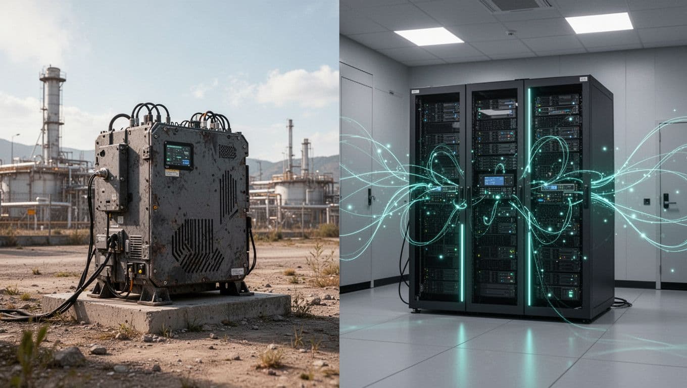 Rugged edge device in outdoor industrial site with intermittent signals contrasts secure server rack in data center.