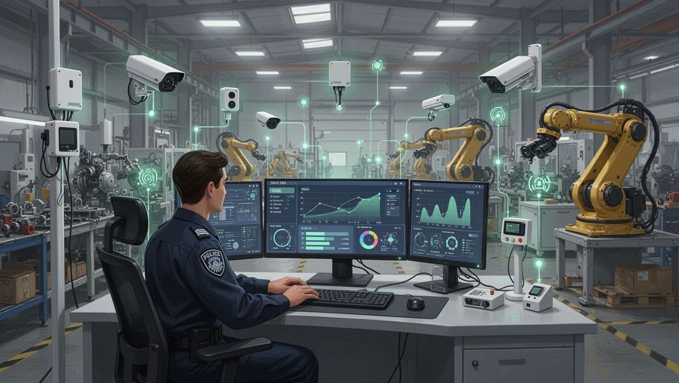Security professional views risk dashboard amid IoT sensors, cameras, robots in manufacturing plant with glowing weak connections.