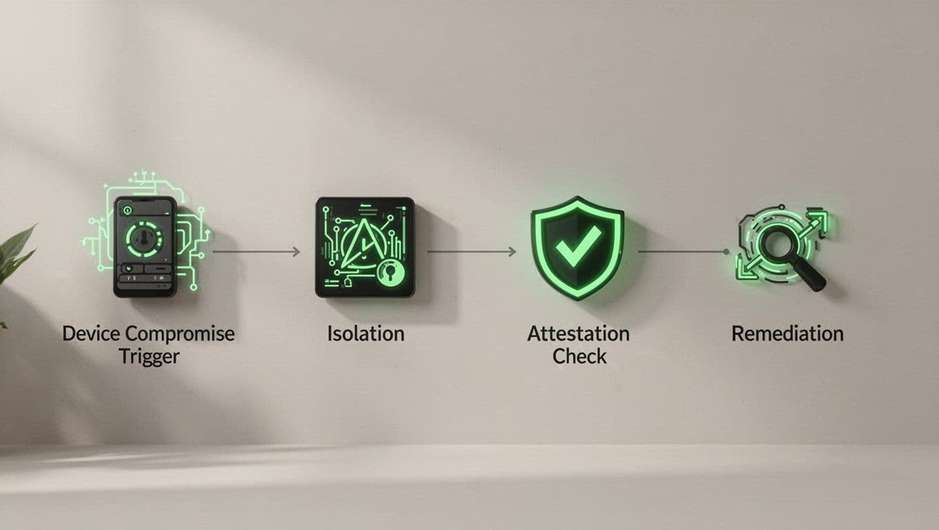 Linear flowchart with icons for device compromise, isolation, attestation check, and remediation, connected by lines.