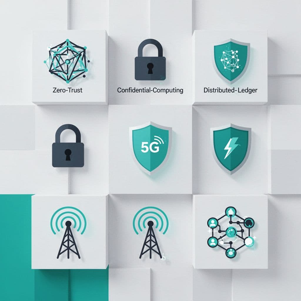 Neat arrangement of icons showing zero trust badge, confidential lock, IoT shield, 5G antenna, and distributed ledger.