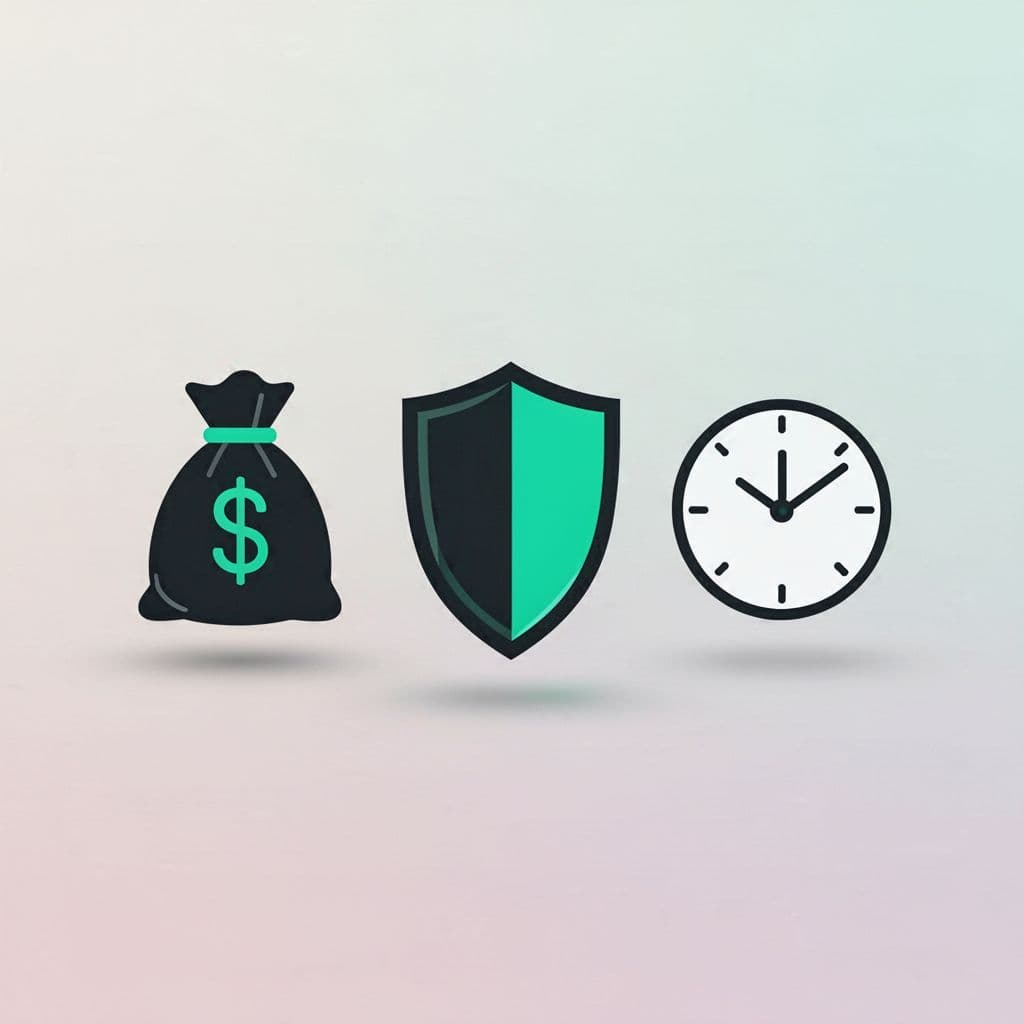 Infographic icons of money, shield, and clock in green highlight cost savings, risk reduction, and efficiency gains.
