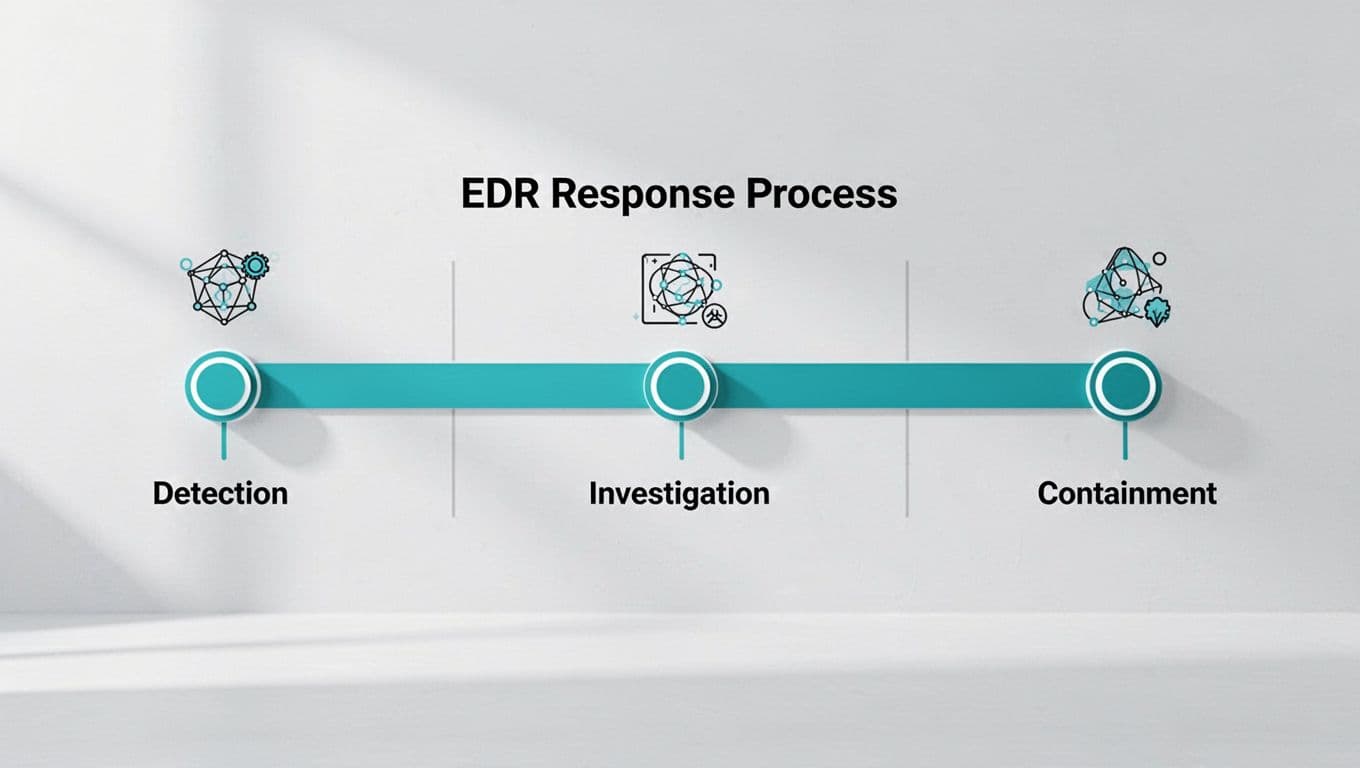 Horizontal timeline graphic showing EDR stages from detection to investigation to containment with icons along the path.