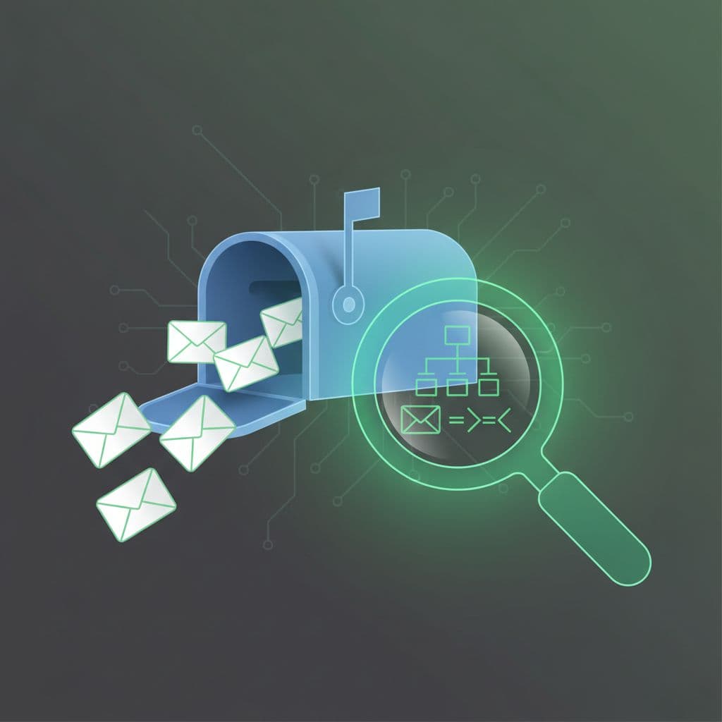 A minimalist digital mailbox icon sits at the center while a large green magnifying glass scans over stylized email envelopes. The design uses crisp vector shapes and bold green accents throughout.
