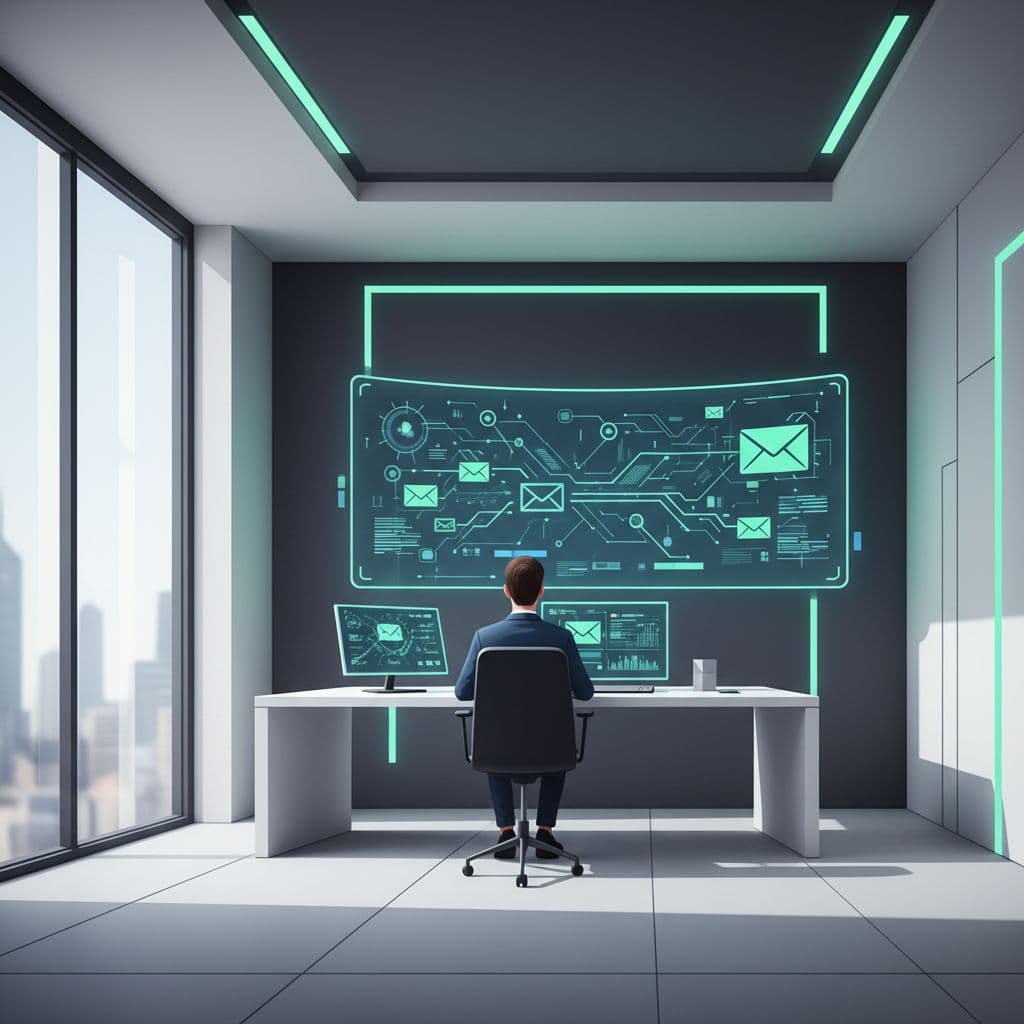 A focused professional monitors digital email security threats on a screen in a clean minimalist office space.