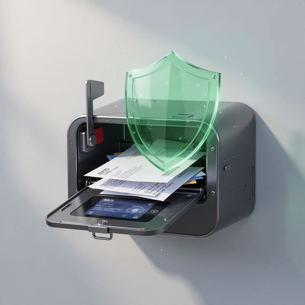A digital mailbox icon featuring a green shield overlay representing secure incoming electronic correspondence.
