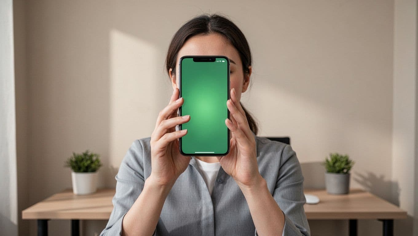 Person holds phone to face performing head turn with green checkmark on blurred screen in home office.