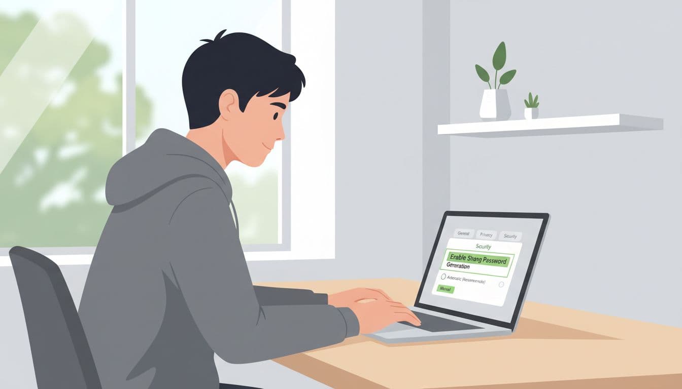 Person at modern desk adjusts laptop browser settings to enable strong password generation with highlighted secure option.