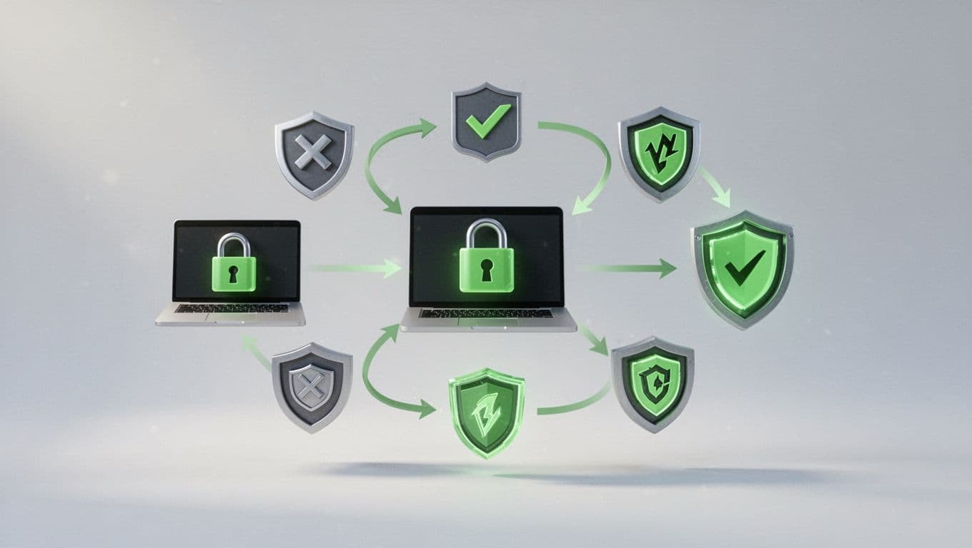 Flowchart icons show locked laptop, patches, and firewall symbols linked by arrows on simple background.