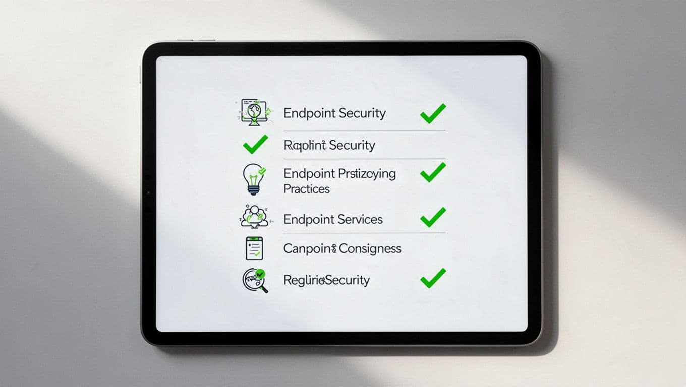 Top-down view of digital pad with checklist icons for endpoint security best practices and green checkmarks.