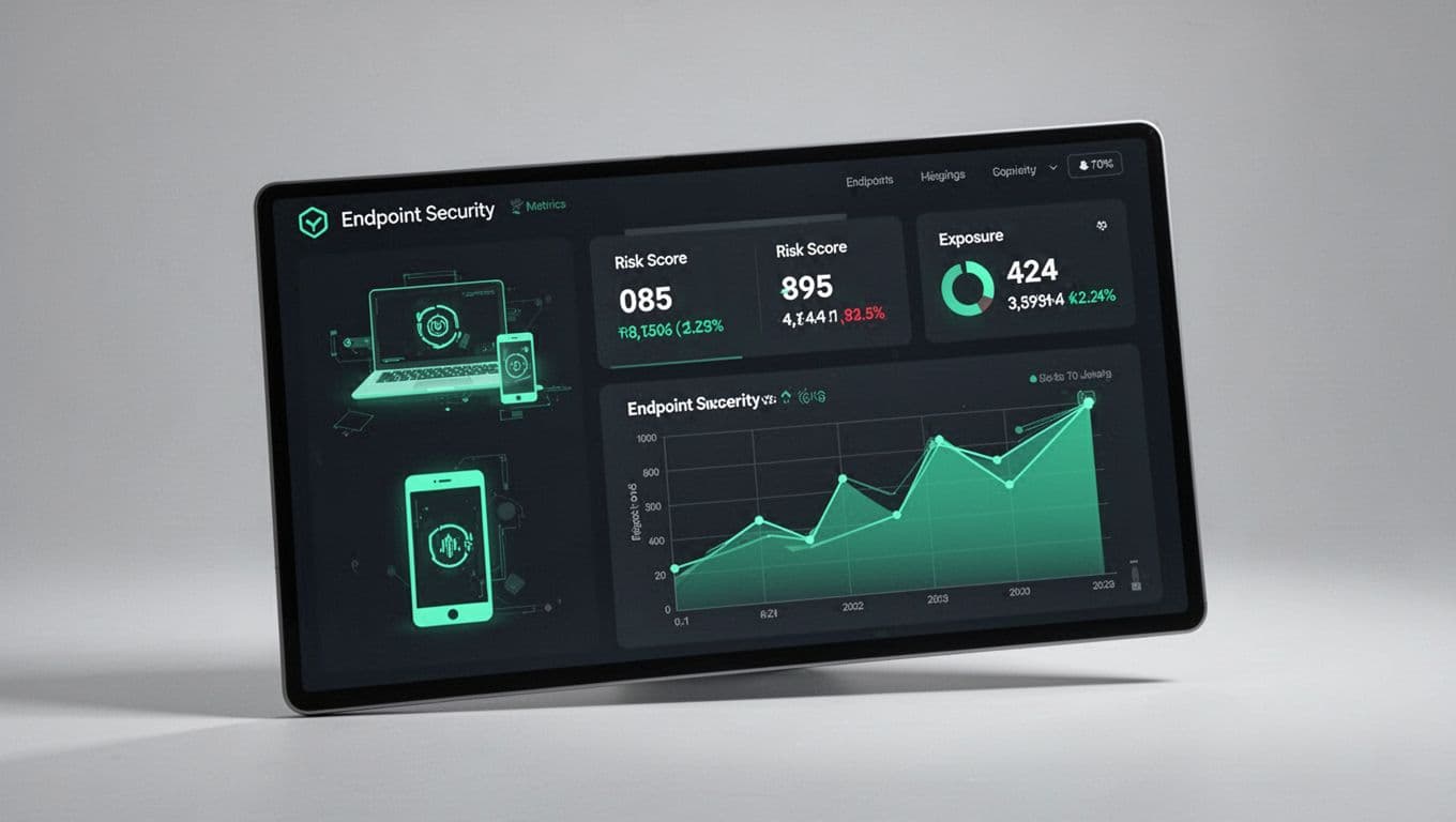 Dashboard illustration with endpoint security metrics, risk scores, exposure graphs in green accents, and device icons.