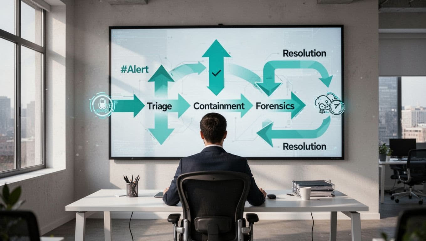 Lead analyst coordinates endpoint security incident from alert triage through containment and forensics to resolution using green arrows.