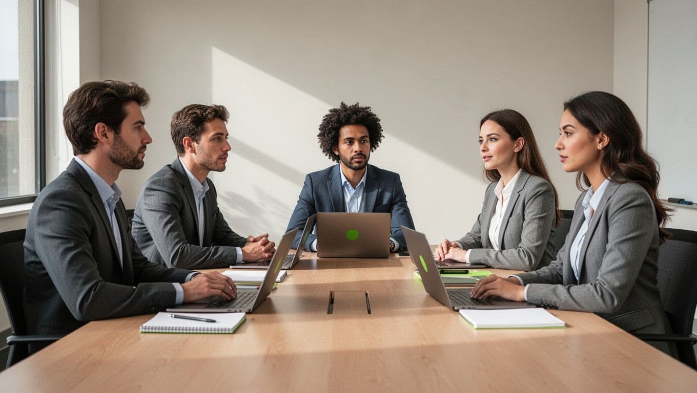 Three professionals discuss with a candidate at a conference table with laptops and notebooks.