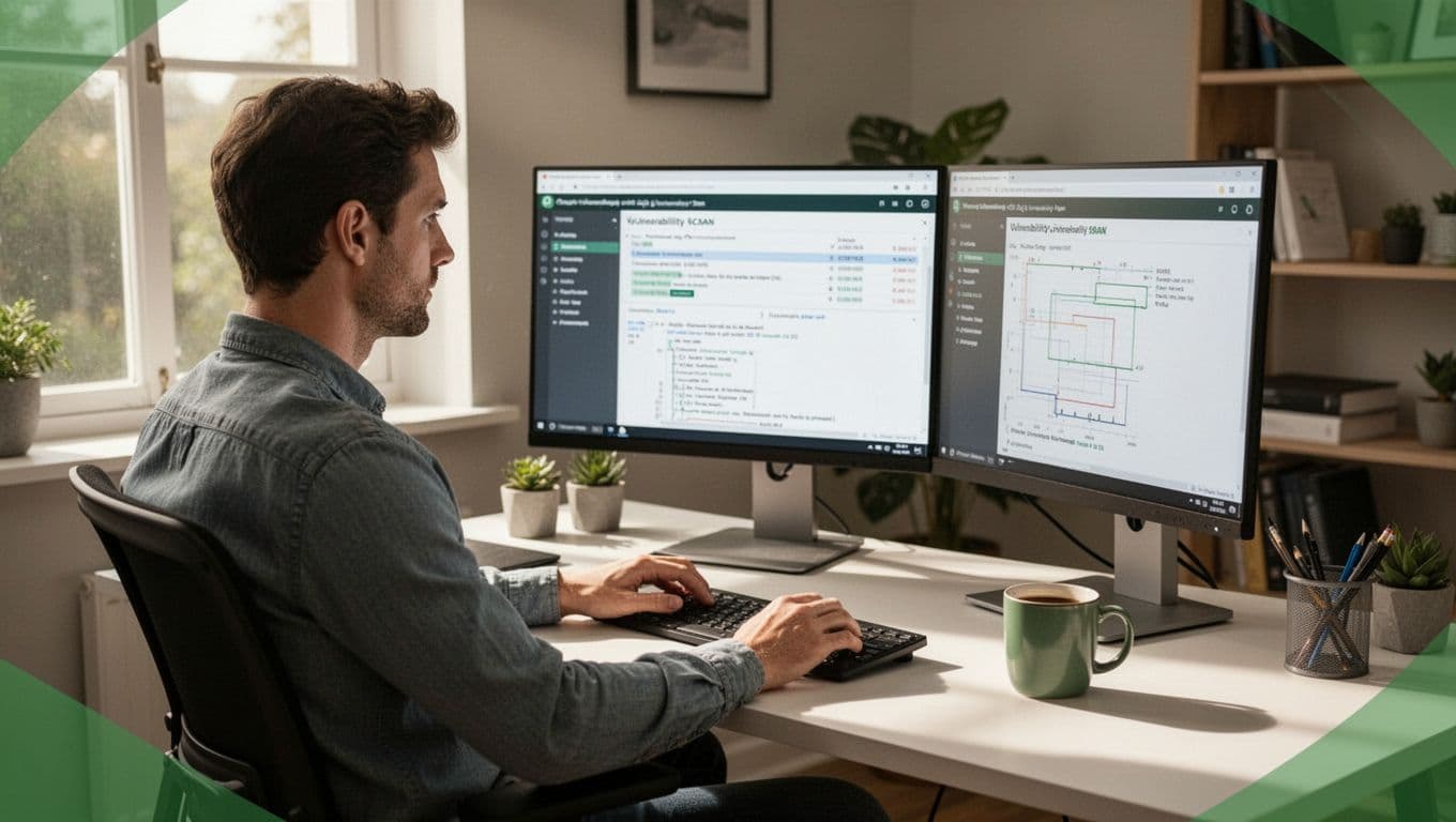 Engineer at home office desk reviews vulnerability scan report on dual monitors, relaxed hands on keyboard, coffee mug nearby.