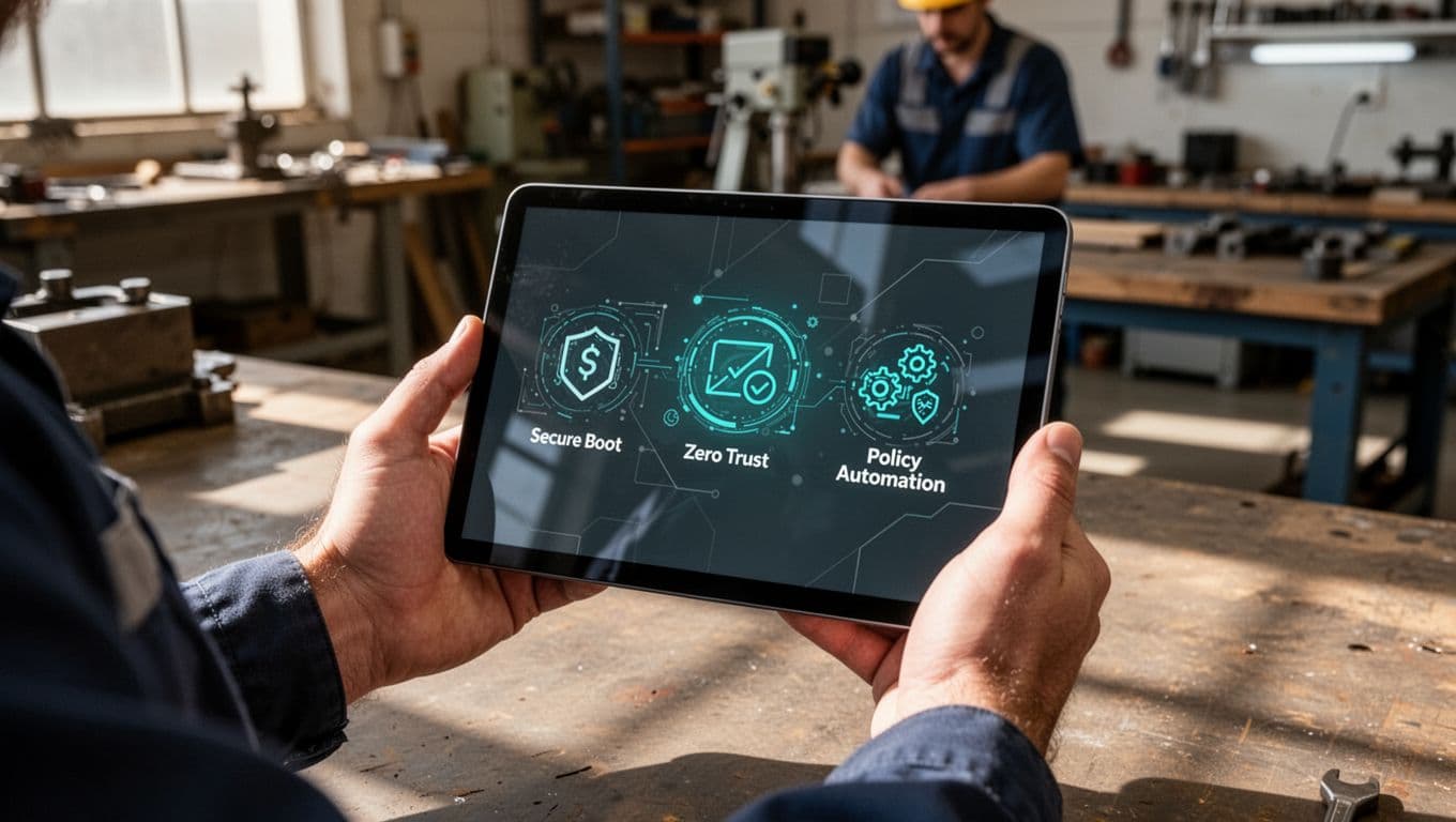 Engineer in workshop holds tablet displaying icons for secure boot, zero trust, and policy automation.