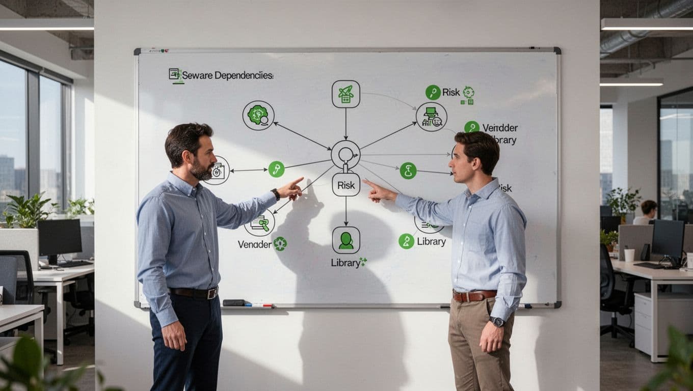 Engineering lead points to whiteboard showing connected nodes for software dependencies with green risk icons for vendors and libraries in office.