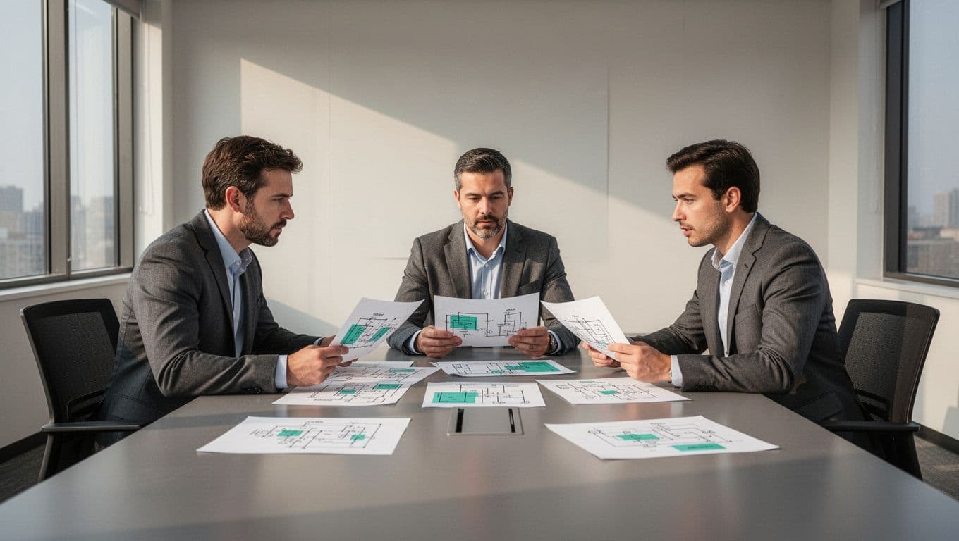 Three engineering leads around conference table review contracts, diagrams, and risk checklists with green highlights.