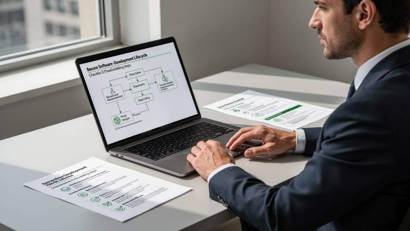 Engineering manager at desk reviews secure SDLC checklist with threat modeling on angled laptop screen and printed template.