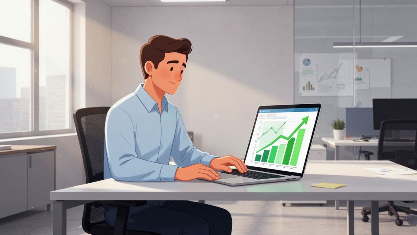 Engineering manager at desk views laptop screen with security metrics dashboard showing MTTR, escape rate, coverage charts with green accents on rising trends.