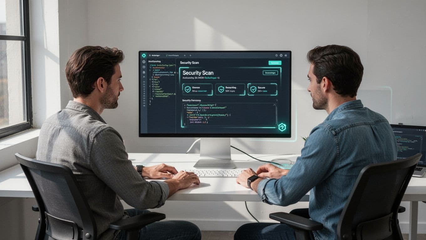 Two engineers collaborate on code review with security scan results on shared screen in modern workspace.