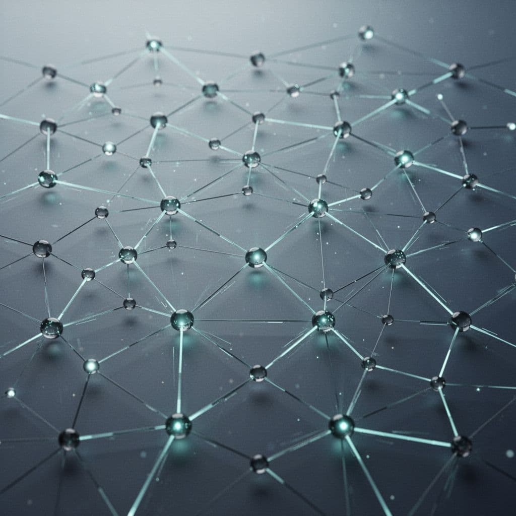 A minimalist network of interconnected digital nodes and glowing certificate icons set against a professional background.