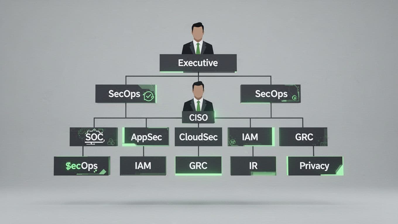 Hierarchical org chart with CISO under executive branching to SecOps SOC, AppSec, CloudSec, IAM, GRC, IR, and Privacy in clean modern style.