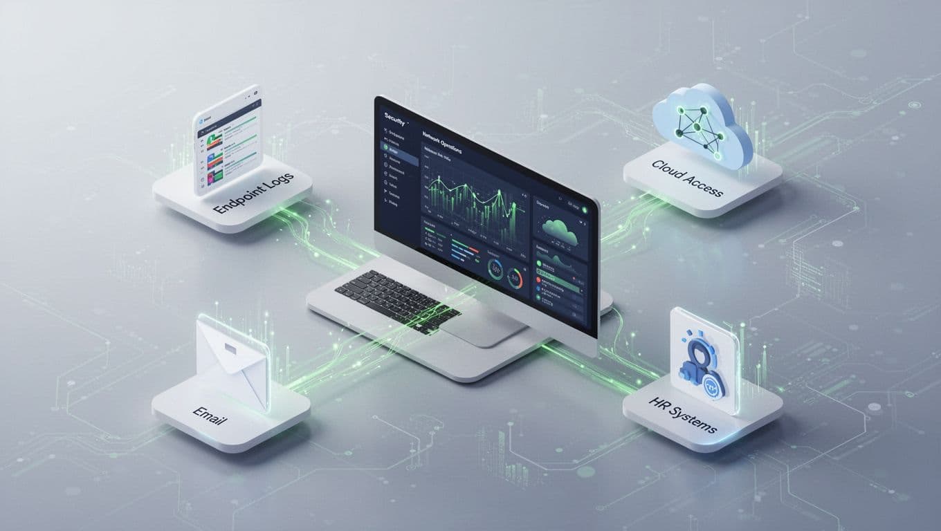 Isometric icons for endpoint logs, network traffic, cloud access, email, and HR systems surround central SOC dashboard with green data flow highlights.