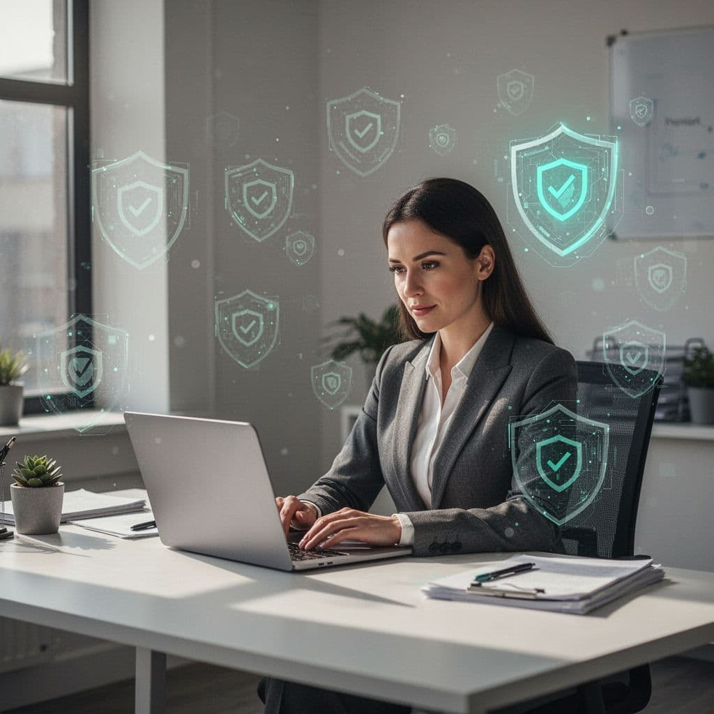 An assistant sits at a desk using a laptop with digital security shields visible nearby.