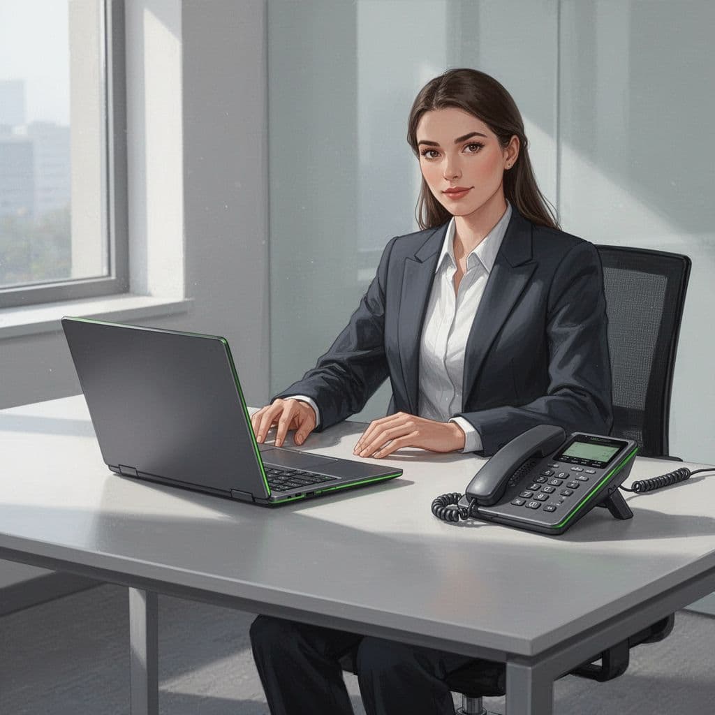Executive assistant sits relaxed at modern desk with laptop open to email and nearby phone with green light.