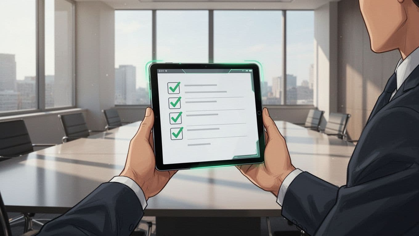 Executive in boardroom holds digital tablet showing verification checklist with icons and green checkmarks.