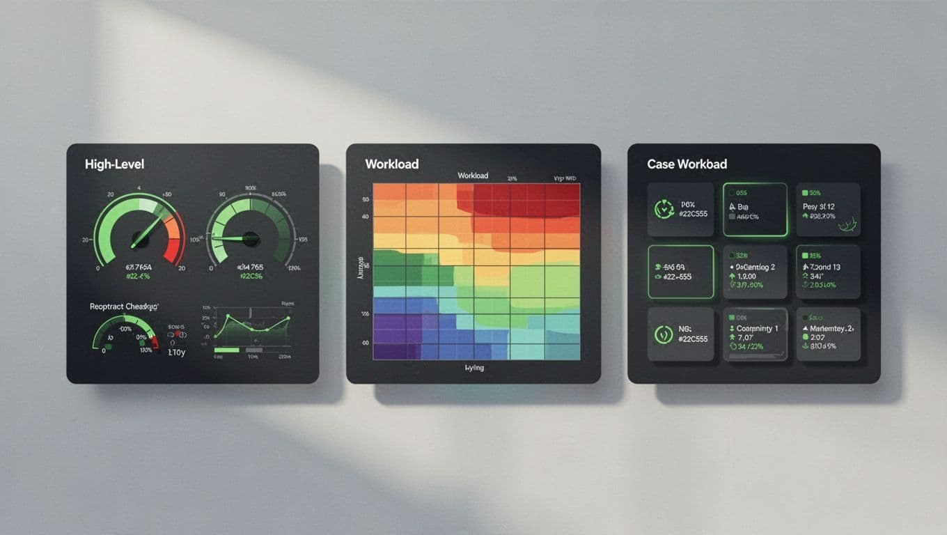 Three side-by-side dashboard panels: executive KPIs left, manager workload heat map center, analyst case details right, with green metric accents.