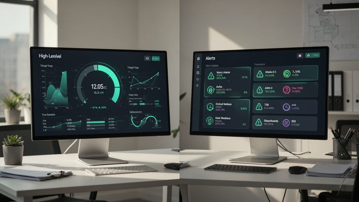 Side-by-side screens on desks show high-level risk metrics and detailed daily alerts.