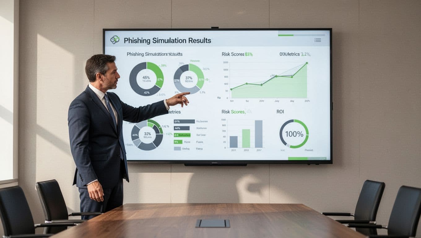 Executive points at large monitor showing phishing simulation dashboard with risk scores and ROI charts in conference room.