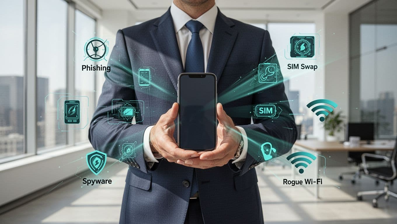 Suited executive holds smartphone targeted by phishing, SIM swap, spyware, and rogue WiFi icons in office.